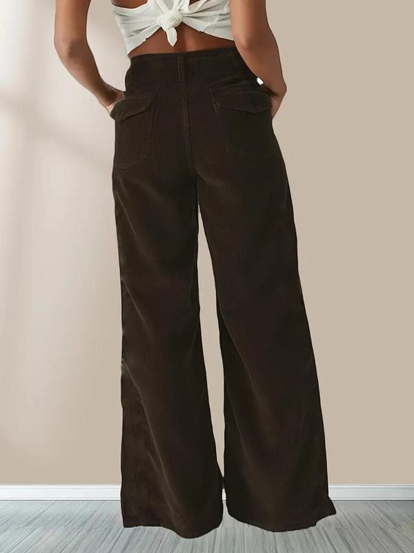 Women's Solid Corduroy Flare Leg Pants, Casual Comfy Trousers for Fall & Winter, Button Waist Design Women's Bottoms for Daily Wear