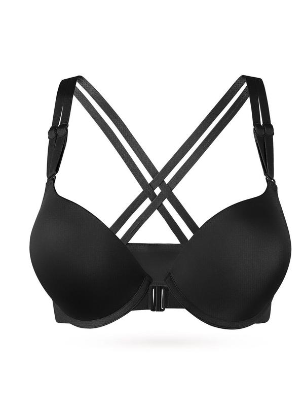 Women's Criss Cross Adjustable Strap Push Up Bra for Spring, Comfortable Breathable Solid Color Double Strap Underwire Lingerie Top for All Seasons, Women's Lingerie for Daily Wear