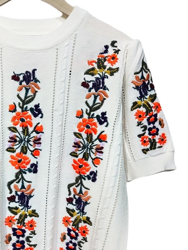 Women's Floral Embroidery Puff Sleeve Knit Top, Girly Clothing, Casual Hollow Out Short Sleeve Knitwear for Summer,  Tank Tops, Summer Clothes, Fashion Women's Knit Clothing for Daily Wear