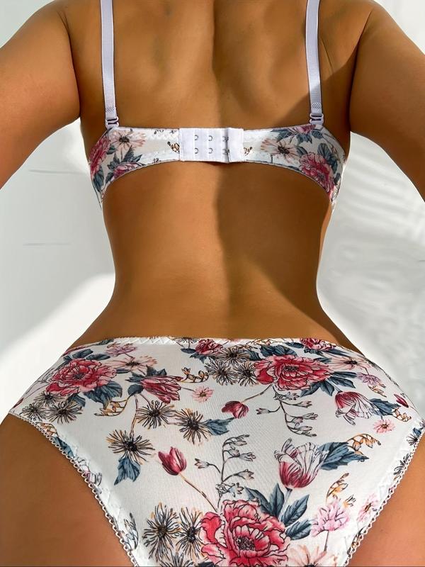 Two-Piece Set Women's Floral Print Adjustable Strap Push Up Bra & Scallop Trim Panty Set, Comfy Soft Lingerie Top & Knicker Two-Piece Lingerie Set, Women's Lingerie & Underwear