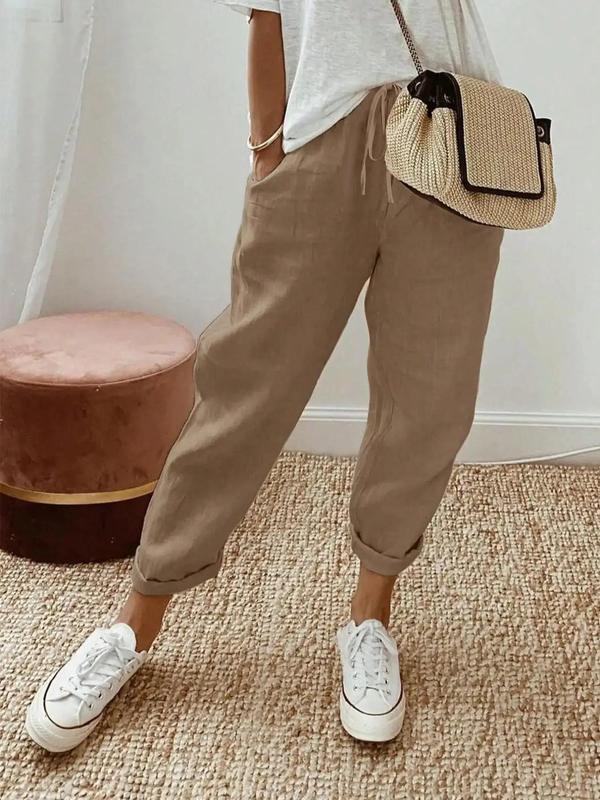 Women's Plain Pocket Drawstring Waist Straight Leg Pants, Casual Comfy Trousers for Daily Wear, Pants for Women, Ladies Bottoms for All Seasons, Back To School Outfit