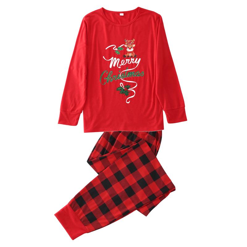 Red Christmas Parent-child Nightwear Set, Red Plaid and Letters Printed Pattern Long Sleeve Tops and Pants