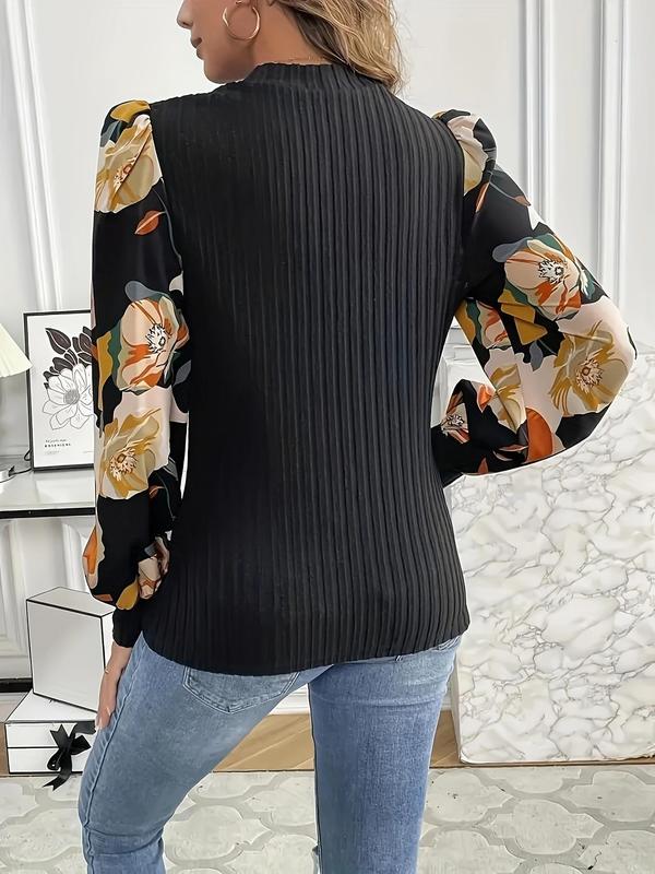  Floral Patchwork Print Contrast Mesh Bishop Sleeve Tee, Elegant Mock Neck Long Sleeve Top for Fall & Winter, Women's Clothes for Daily Wear