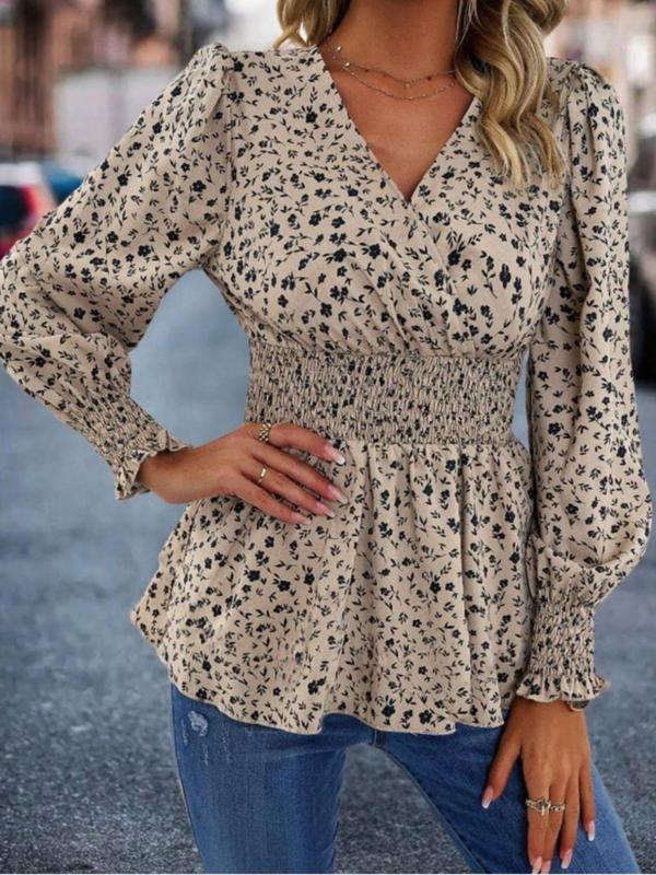 Women's Ditsy Floral Print Shirred Wrap Blouse, Elegant Flounce Sleeve V Neck Top for Spring & Fall, Women's Clothing for Daily Wear, Going Out Tops, Tops for Women, Fall Clothing Women