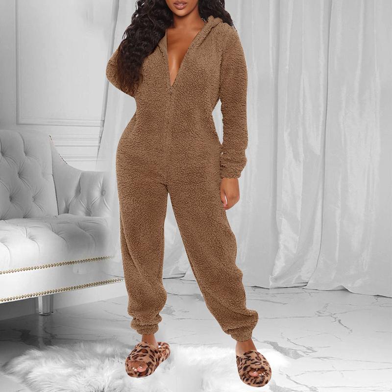 Plush Women's One Piece Nightgown Long Sleeve Jumpsuit Sweater Pullover Warm Home Wear Ladies Hoodie Adult Front Plush Totally and Onesies for New Fashion Pajamas Casual Plush Homewear Pajamas Hooded Jumpsuit