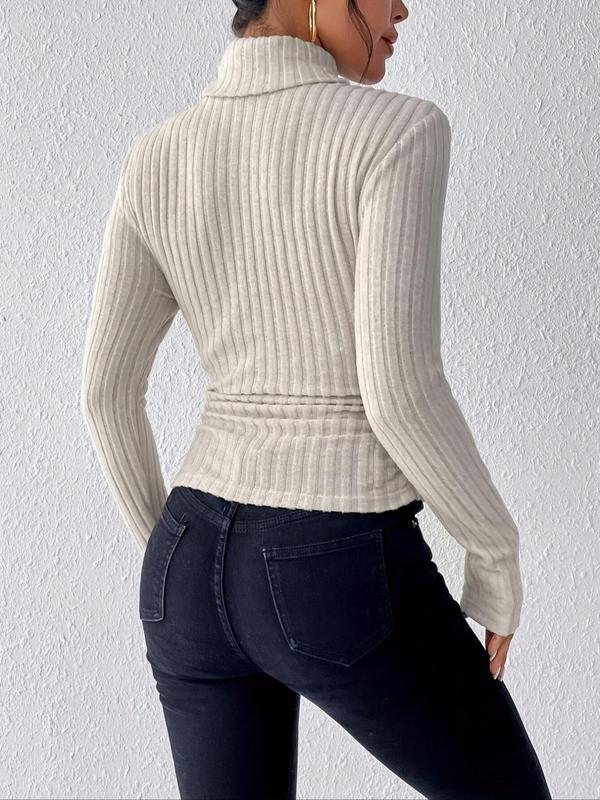 Women's Solid Long Sleeve Turtleneck Sweater, Casual Fashion High Neck Jumper for Fall & Winter, Women's Knitwear for Daily Wear