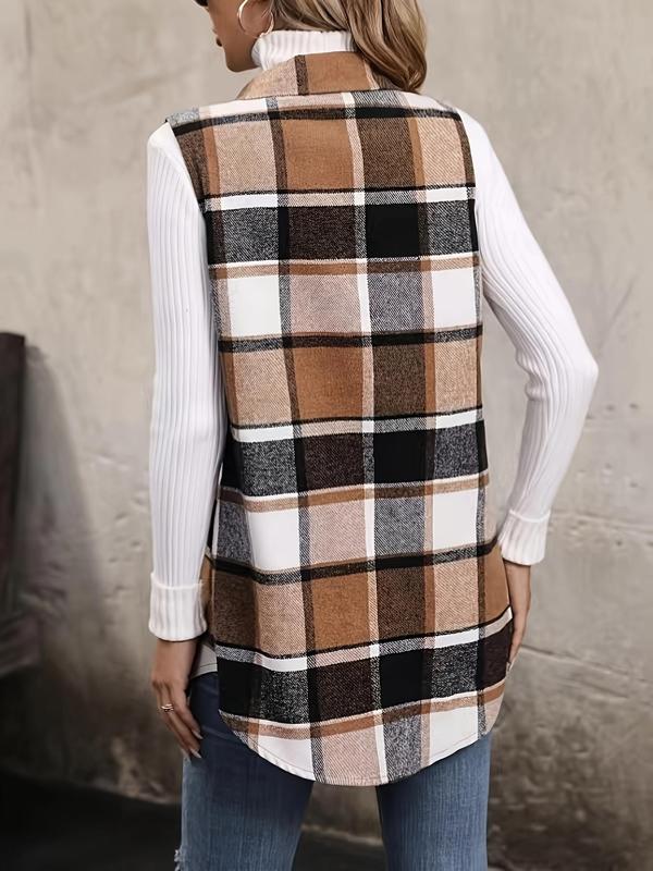 Women's Plaid Print Button Front Fake Pocket Vest Coat, Casual Sleeveless Collared Outerwear for Fall & Winter, Ladies Clothes for Daily Wear