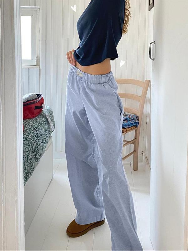 Women's Striped Patched Pocket Elastic Waist Wide Leg Pants, Casual Comfy Trousers for Fall & Winter, Women's Bottoms for Daily Wear Preppy 80S Clothes