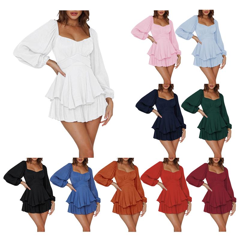 Long Sleeve Romper for Women Square Neck Ruffled Lantern Sleeve Short Rompers Dress Pirate Jumpsuit Short Overalls Party Clubwear