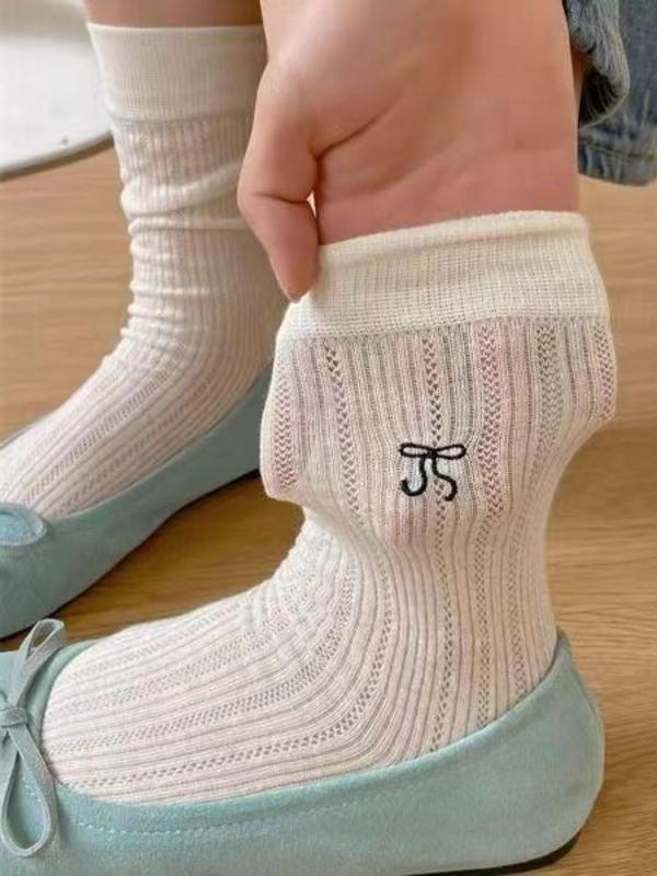 Women's Bow Embroidery Bow Over The Calf Socks, Casual Comfortable Breathable Socks for Daily Wear, Women's Socks for All Seasons