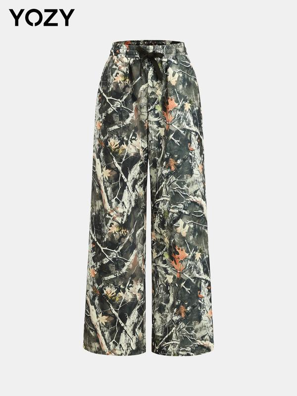 YOZY Women's Leaf & Branch Print Drawstring Waist Pants, Casual Pocket Straight Leg Trousers for Daily Wear, Ladies Bottoms for All Seasons