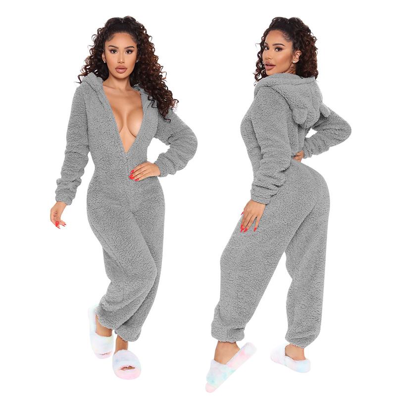 Plush Women's One Piece Nightgown Long Sleeve Jumpsuit Sweater Pullover Warm Home Wear Ladies Hoodie Adult Front Plush Totally and Onesies for New Fashion Pajamas Casual Plush Homewear Pajamas Hooded Jumpsuit