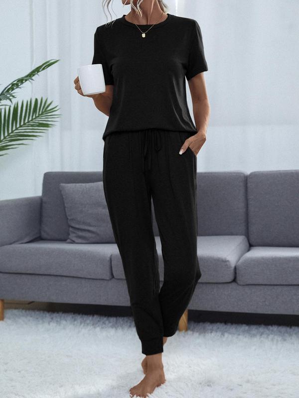 Women's  Casual Comfortable 2 Piece Wear, Solid Round Neck Short Sleeve T-shirt & Cropped Pocket Drawstring Pants Loungewear Set, Summer Wear, Lounge Set, Summer Clothes, Women Pajama Nightwear, Lady's Pj Set