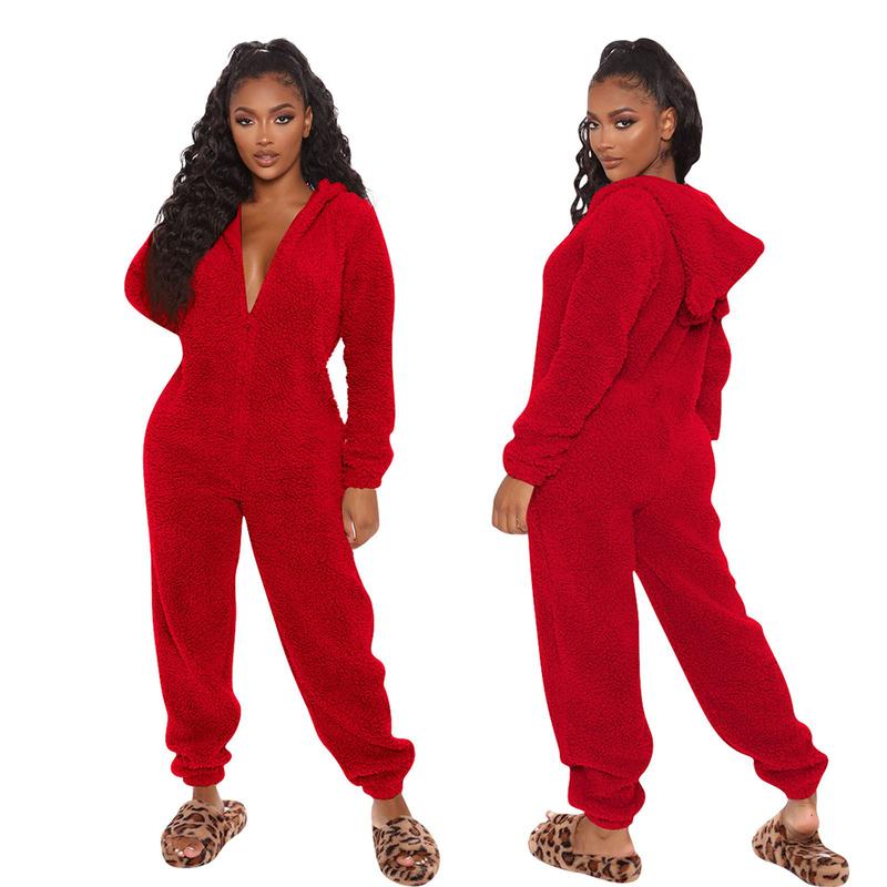 Plush Women's One Piece Nightgown Long Sleeve Jumpsuit Sweater Pullover Warm Home Wear Ladies Hoodie Adult Front Plush Totally and Onesies for New Fashion Pajamas Casual Plush Homewear Pajamas Hooded Jumpsuit