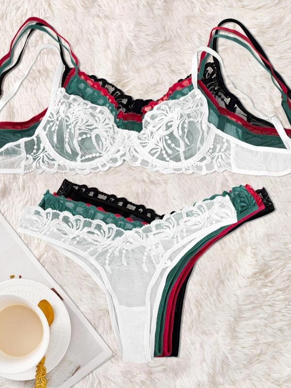 Women's Floral Embroidery Contrast Lace Sheer Bra & High Waist Thong Two-piece Set, Adjustable Strap Lingerie Set, Soft Comfy Breathable Underwear Set for Women