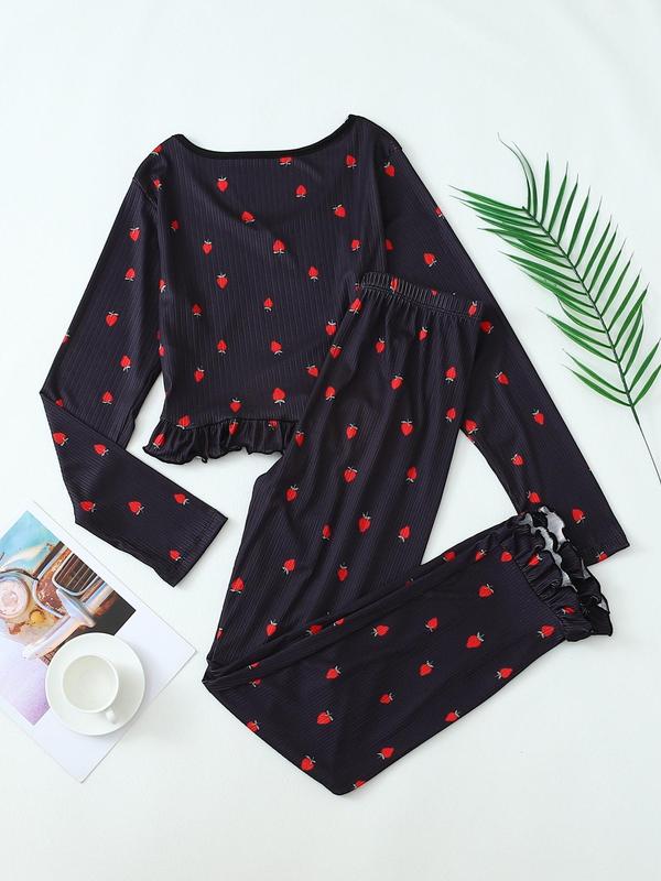 Two-Piece Set Women's Strawberry Print Ruffle Hem Pyjama, Casual Comfy V Neck Long Sleeve Top & Pants PJ Set, Women's Sleepwear for Spring & Fall