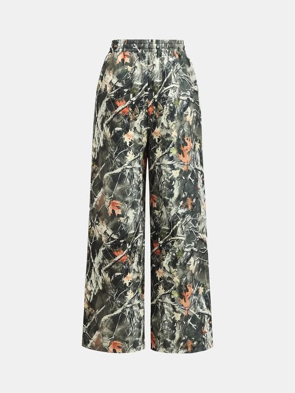 YOZY Women's Leaf & Branch Print Drawstring Waist Pants, Casual Pocket Straight Leg Trousers for Daily Wear, Ladies Bottoms for All Seasons