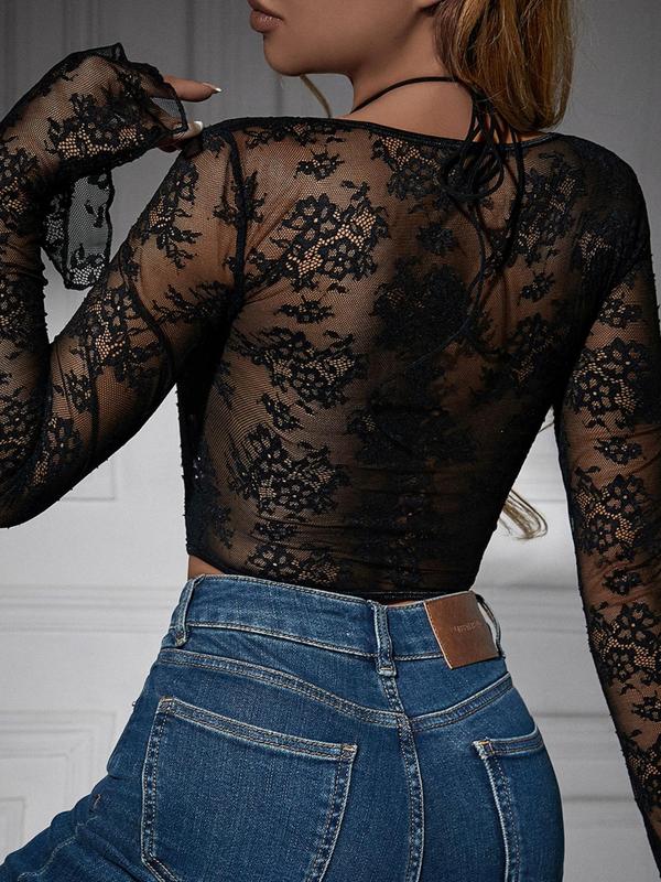 Women's Sheer Corset Structure Floral Lace Crop Top, Elegant Fashion Asymmetrical Hem Flounce Sleeve Top for Daily Outdoor Wear, Women Clothing for All Seasons