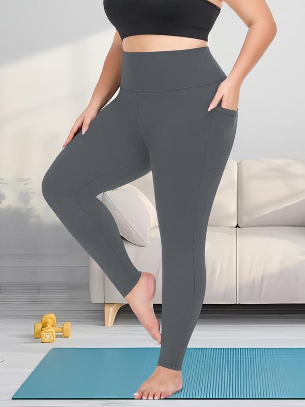 Plus Size Solid Pocket High Waist Leggings, Casual Comfy High Stretch Skinny Pants for Women, Women's Bottoms for All Seasons, Tiktop Shop