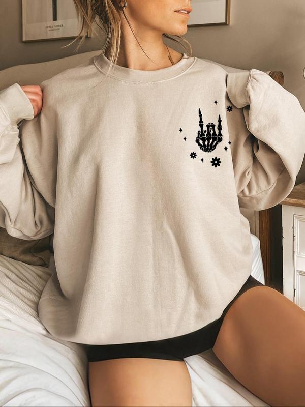 Women's Skeleton & Letter Print Drop Shoulder Sweatshirt, Casual Long Sleeve Round Neck Pullover for Daily Wear, Ladies Fall & Winter Clothes