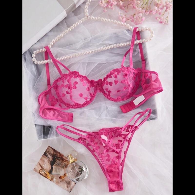 Set Lingerie Sheer Bordir Bentuk Hati, Bra dan Celana Dalam, Pakaian Dalam Wanita Seksi - Lady, Womenswear pajama set