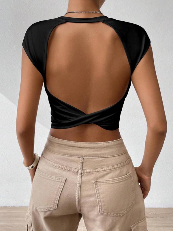 Women's Solid Twist Cut Out Backless Crop Tee without Necklace, Summer Outfits 2024, Casual Comfort Cap Sleeve Round Neck Cropped T-shirt for Summer, Basic Minimalist Womenswear, T Shirts for Women