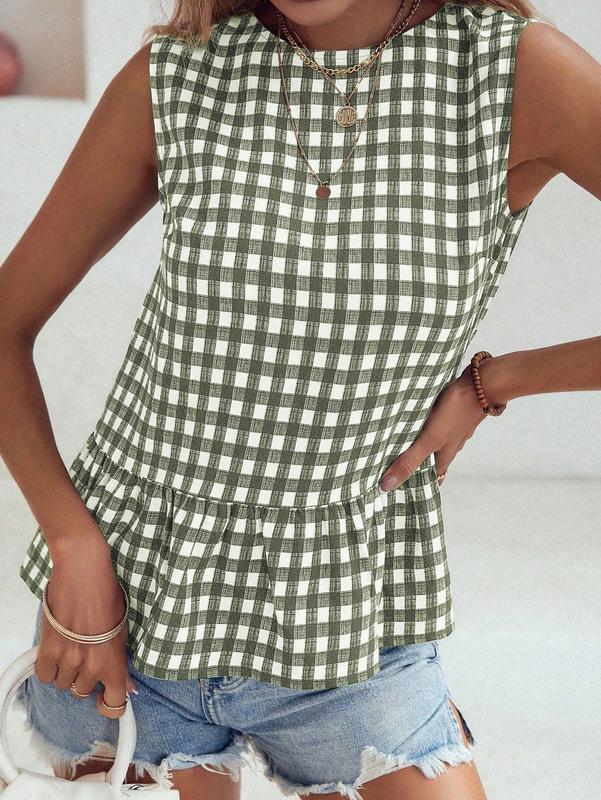 DUNEA Women's Checkered Ruffle Hem Sleeveless Blouse, Top for Summer, Ladies Clothes for Daily Wear, Casual Womenswear, T-shirt, Tube