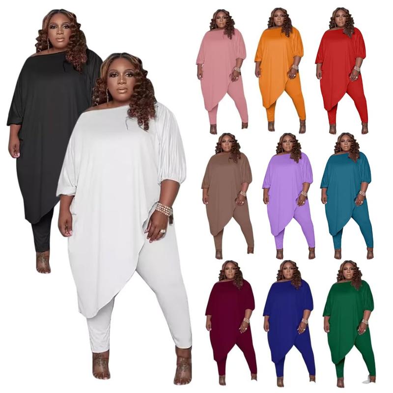 Womens Plus Size Outfits 2 Piece Lounge Sets Long Sleeve Slant Shoulder Asymmetrica Tops Leisure Pants Sweatsuit Lady Tracksuits Comfort Trouser Comfort Trouser