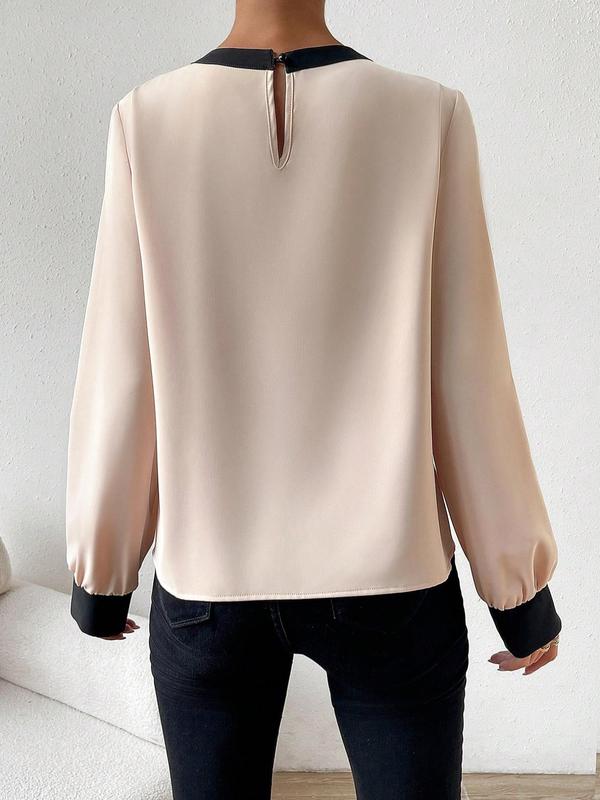 Women's Contrast Binding Cut Out Satin Blouse, Elegant Long Sleeve Keyhole Neck Top for Fall, Ladies Clothes for Work Office Business