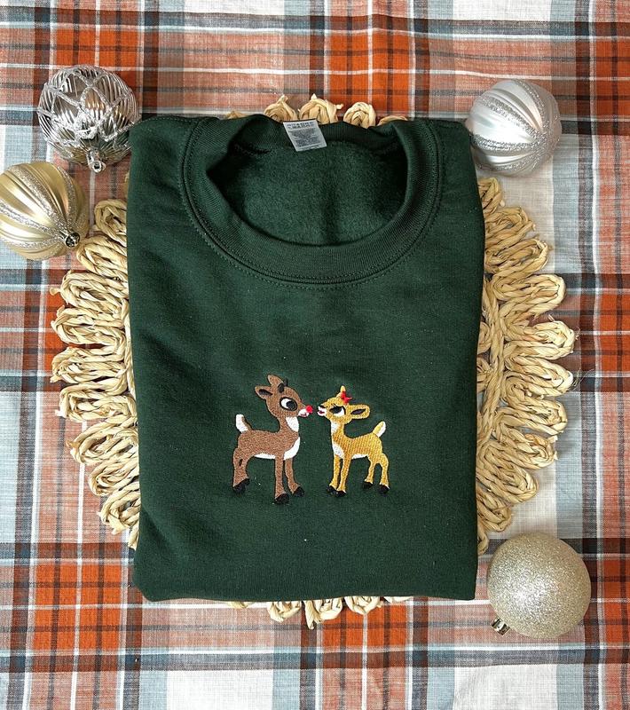 Christmas Embroidered Sweatshirt, Christmas Rudolph And Clarice Embroidered Matching Couple Shirt, Christmas Embroidered Gift For Her Him