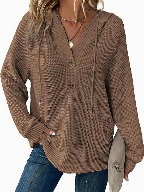 Women's Plain Drawstring Button Raglan Sleeve Hooded Sweater, Casual Long Sleeve Hooded Jumper for Fall & Winter, Fashion Ladies' Knitwear for Daily Wear