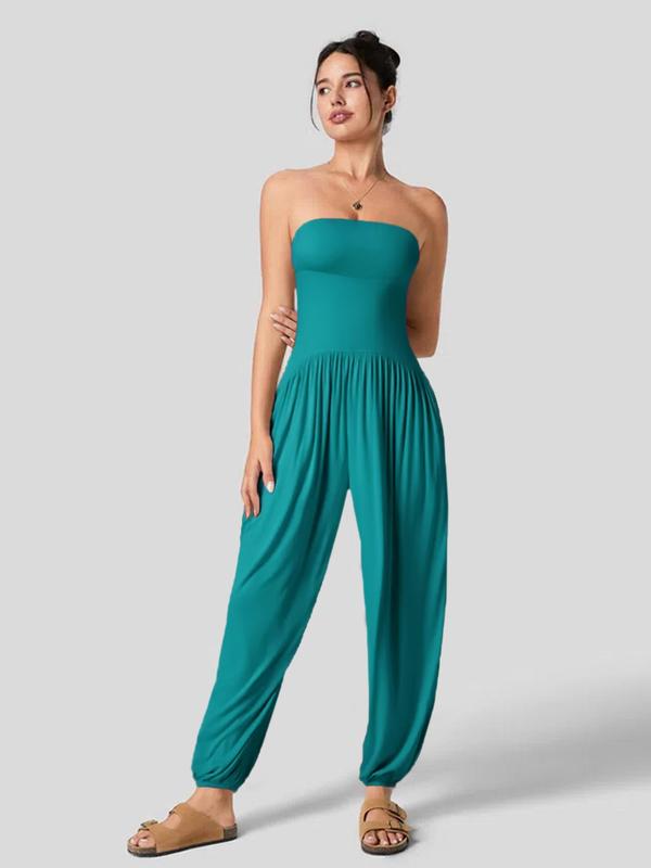 Women's Solid Backless Pocket Tube Jumpsuit, Casual Basic Minimalist Strapless Jumpsuit for Summer, Ladies Clothes for Daily Wear