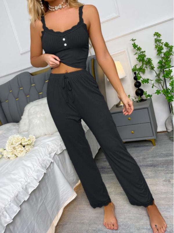 Two-Piece Set Women's Solid Button Front Cami Top & Tie Front Pants Ribbed Pajama, Casual Comfy Spaghetti Strap Top & Wide Leg Trousers PJ Set, Ladies Sleepwear for All Seasons