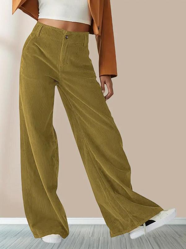 Women's Solid Corduroy Flare Leg Pants, Casual Comfy Trousers for Fall & Winter, Button Waist Design Women's Bottoms for Daily Wear