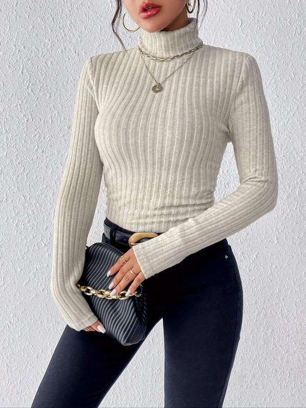 Women's Solid Long Sleeve Turtleneck Sweater, Casual Fashion High Neck Jumper for Fall & Winter, Women's Knitwear for Daily Wear