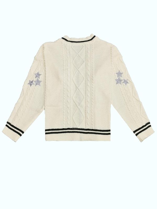 Women's Star & Letter Embroidery Textured Button Front Cable Knit Cardigan, Casual Drop Shoulder Long Sleeve V Neck Cardigan, Women's Knitwear for Fall & Winter