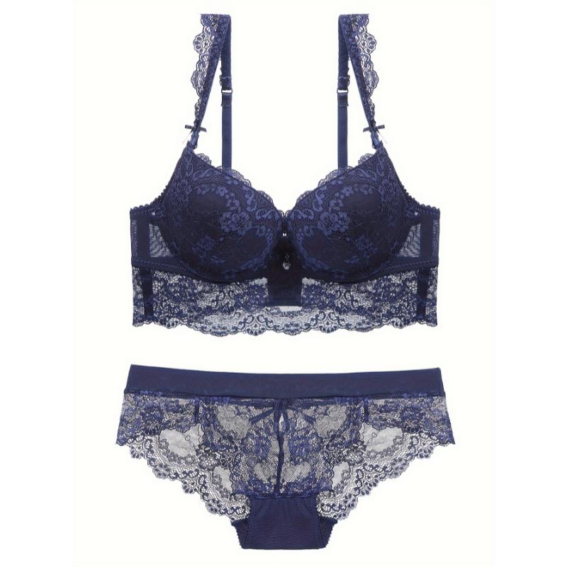 Full Coverage Scallop Trim Elegant Solid Floral Lace Bra & Panty Lingerie Set, Women's Lingerie & Underwear Push Up