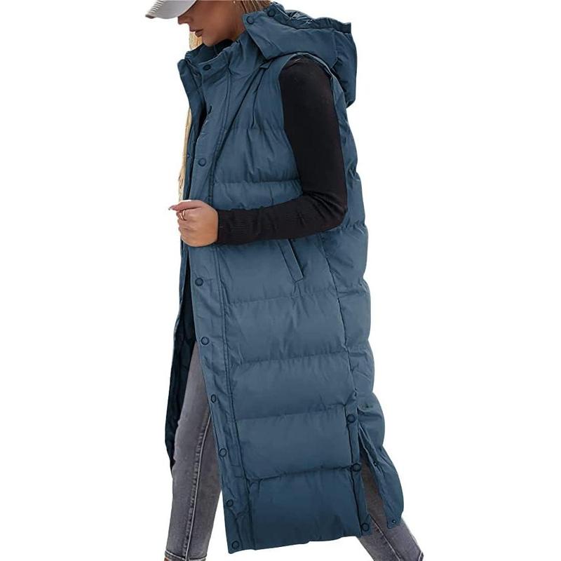 Tankaneo Women's Vest Quilted Long Quilted Vest with Hood Long Sleeve Button Down Puff Vest Cotton Padded Jacket Winter Coat