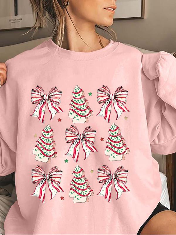 Women's Cartoon Christmas Tree & Bow Print Crew Neck Sweatshirt, Casual Long Sleeve Pullover for Fall & Winter, Women's Clothes for Daily Holiday Wear