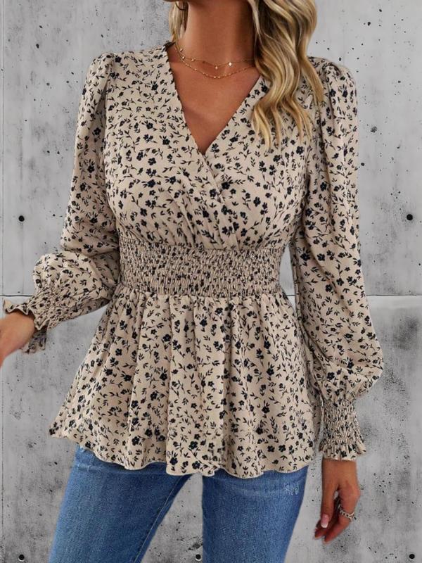 Women's Ditsy Floral Print Shirred Wrap Blouse, Elegant Flounce Sleeve V Neck Top for Spring & Fall, Women's Clothing for Daily Wear, Going Out Tops, Tops for Women, Fall Clothing Women