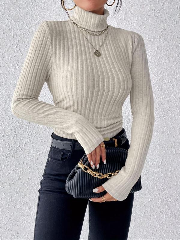 Women's Solid Long Sleeve Turtleneck Sweater, Casual Fashion High Neck Jumper for Fall & Winter, Women's Knitwear for Daily Wear