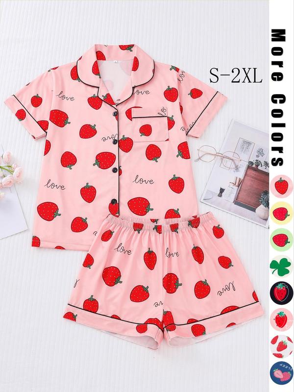 2 Piece Set Women's All Over Print Contrast Binding Pajama Set, Cute Button Front Shirt & Elastic Waist Shorts, Summer Wear 2024, Women Nightwear, Back To School Wear, Summer Lounge Set