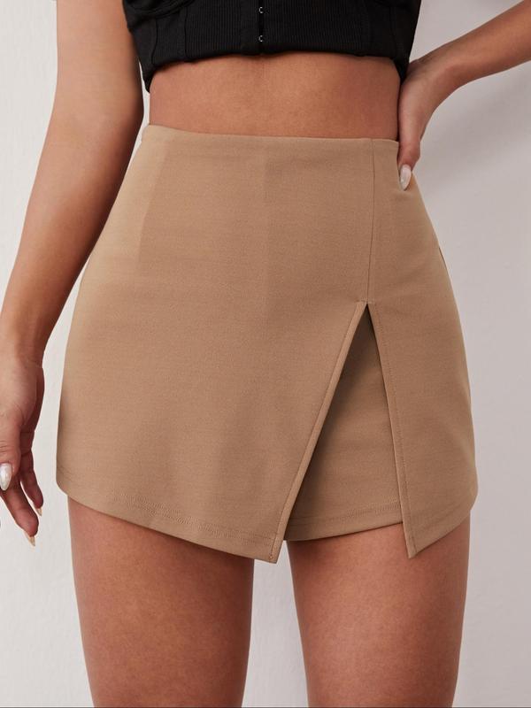 Women's Plain 2-IN-1 Split Thigh Zipper High Waist Skorts, Casual Chic Solid Color Shorts for Daily Wear, Ladies Bottoms for Summer for Birthday Gifts