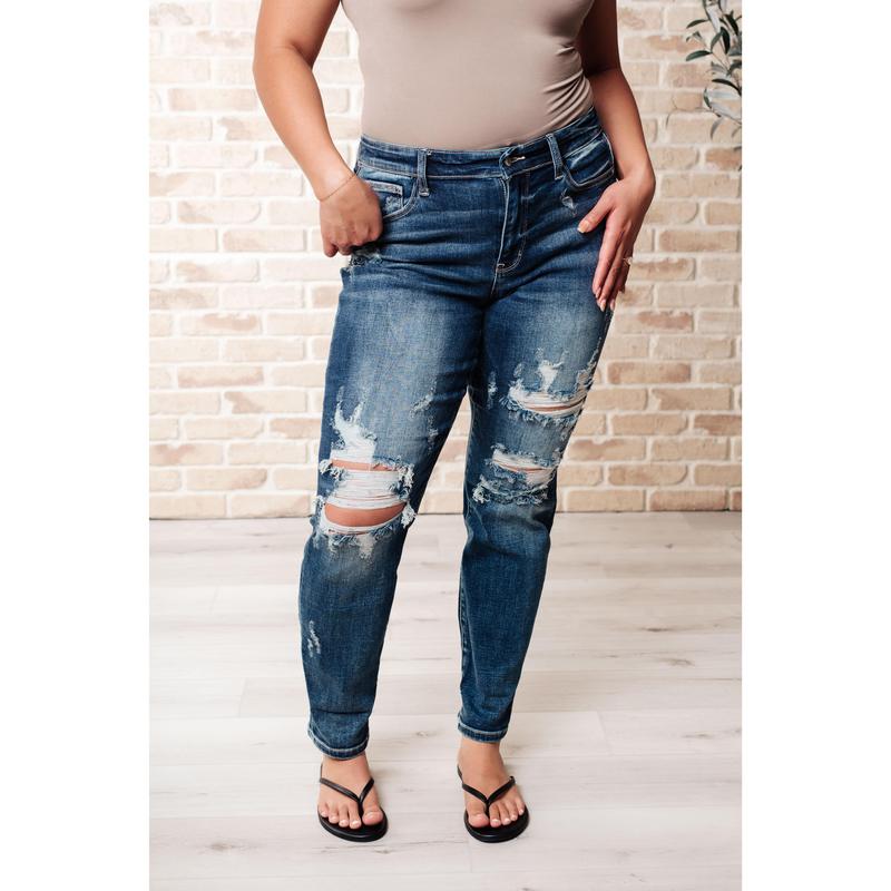 Judy Blue Mid Rise Cuffed Destroyed Boyfriend Jeans 82427 Stretchy Denim (Reg & Curvy) can be uncuffed - Please Size down 1 from street size - run generously