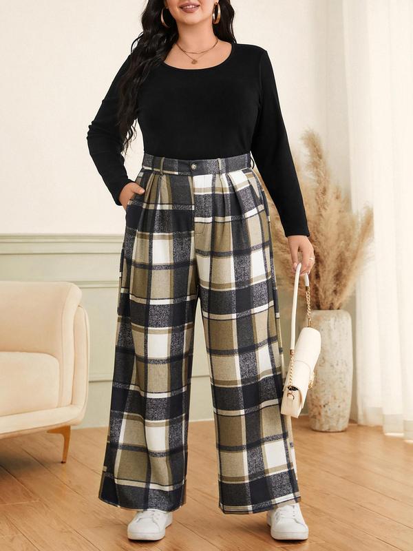 CURVZY Plus Size Plaid Print Button Pocket Wide Leg Pants, Casual Comfy Trousers for Daily Wear, Women's Bottoms for All Seasons