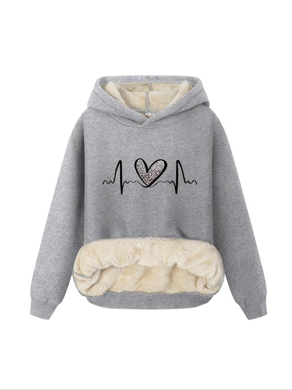 Women's Heart Print Plush Lined Hoodie, Casual Long Sleeve Hooded Sweatshirt for Fall & Winter, Ladies  Clothes for Daily Wear