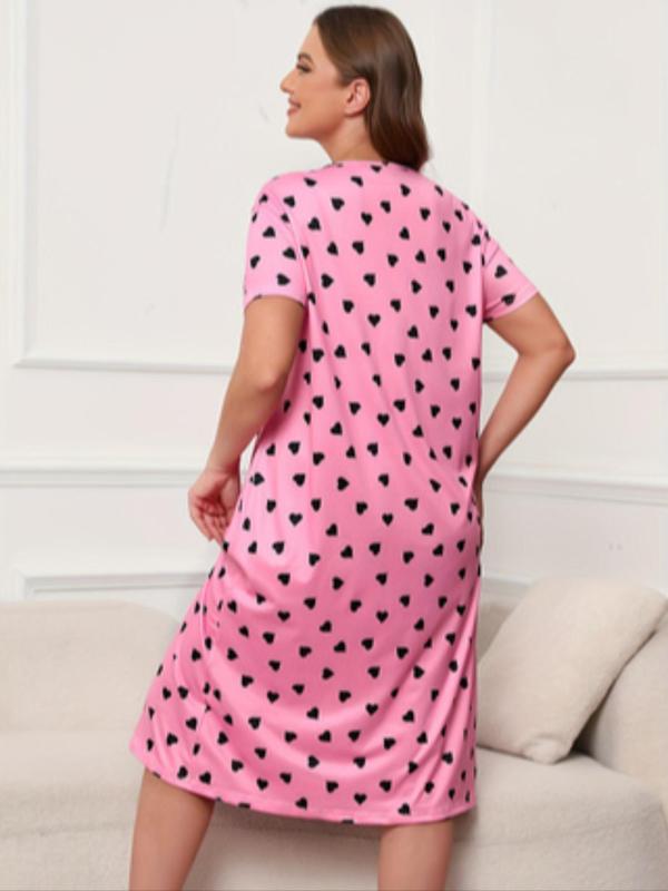  All Over Heart & Polka Dot Print Drop Shoulder Nightdress, Casual Comfy Short Sleeve Round Neck Nightgown for Women, Women's Plus Size Sleepwear for All Seasons