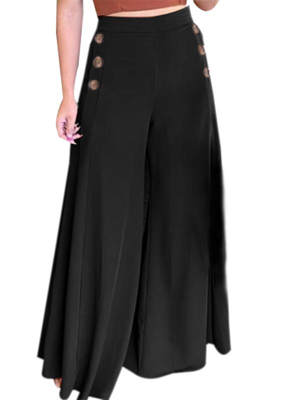 Women's Solid Button Wide Leg Trousers, Casual Comfy Palazzo Pants for Daily Wear, Ladies Bottoms for All Seasons