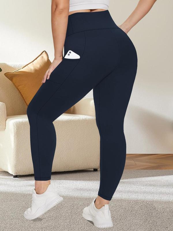 Plus Size Solid Pocket High Waist Leggings, Casual Comfy High Stretch Skinny Pants for Women, Women's Bottoms for All Seasons, Tiktop Shop