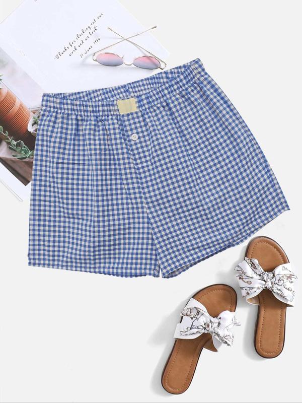 Women's Plaid Print Fake Buttons Shorts, Casual Comfy Patched Wide Leg Shorts for Daily Wear, Shorts for Women, Ladies Bottoms for All Seasons